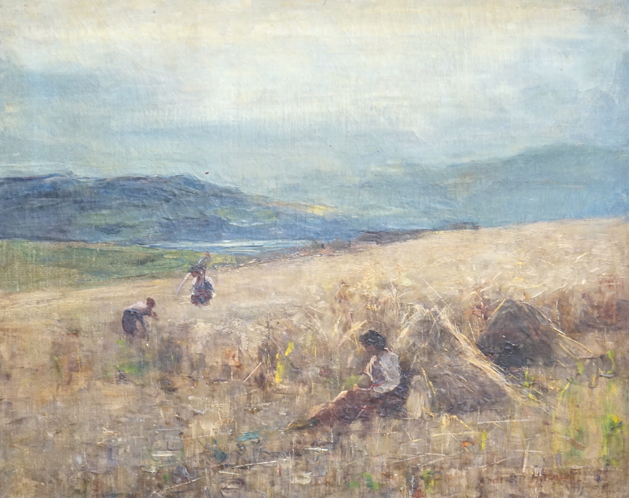 Joshua Anderson Hague (1850-1916), Impressionist oil on canvas, Figures haymaking, signed, 40 x 50cm